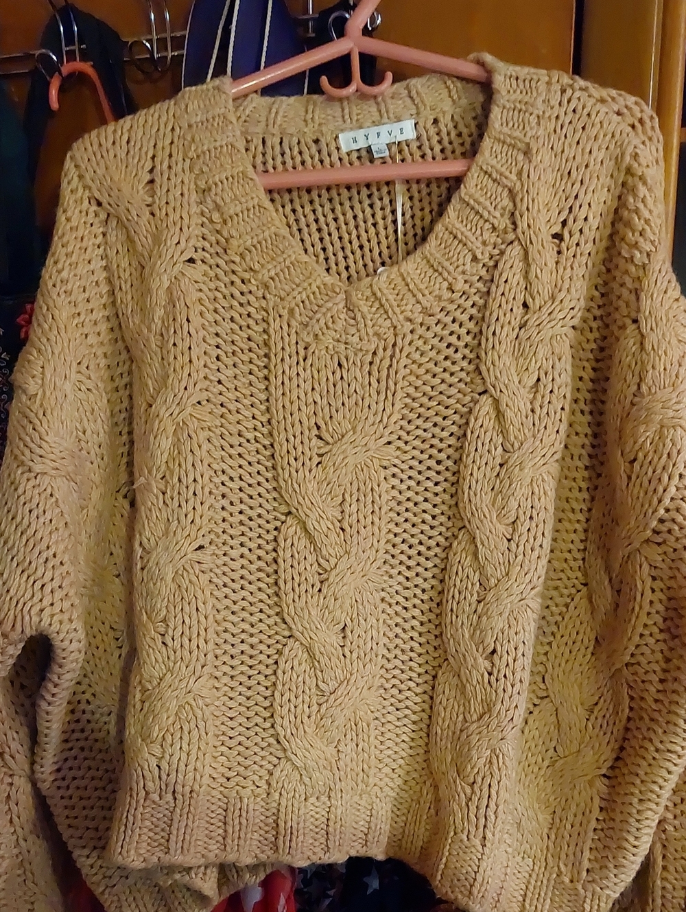 HYFVE Cable Knit V-Neck Sweater in Camel